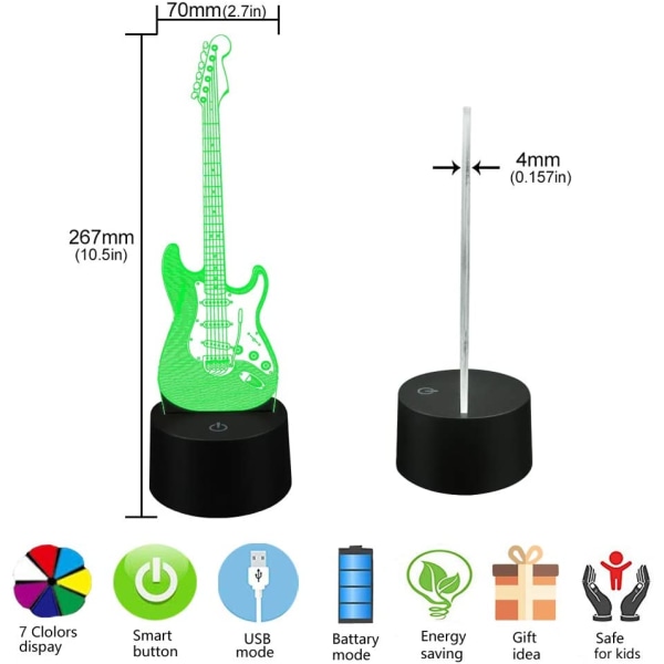 3D Illusionslampe Elektrisk Gitar Fjernkontroll 16 Farger Nattelys