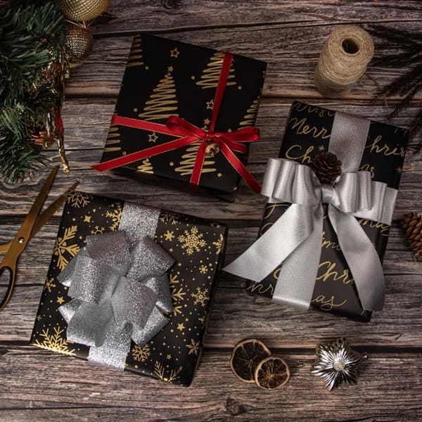 Mini Svart Guld Julklappspapper 43x305cm Glitter Snöflinga Träd 3-pack