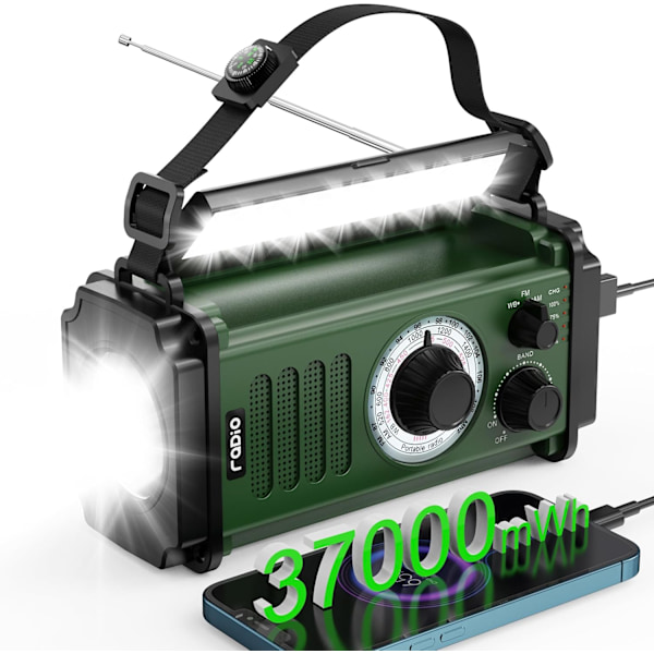 Nödradio, Solradio, 37000mWh Handvevradio, NOAA AM FM Väderradio, 5 Laddningsmetoder, Polymerbatteri, Ficklampa & Läslampa, SOS-Alarm Green