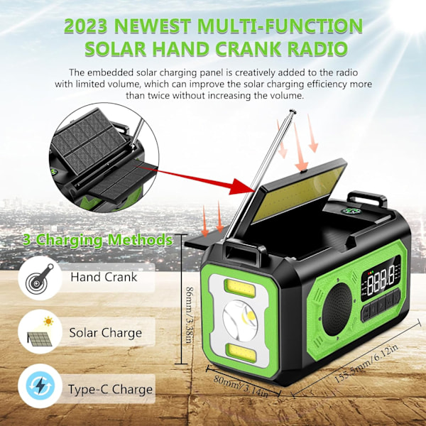 12000mAh Käsikäyttöinen Hätäradio, AM/FM/NOAA, Monitoiminen Aurinkoenergialla Toimiva Radio, 2 Aurinkopaneelia, USB-Lataus, Taskulamppu & LED-Lukuvalo, SOS-Hälytin Green