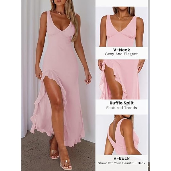 Sexig V-ringad Ärmlös Mesh Volangfåll Bodycon Maxi Casual Rygglös Hög Slits Cocktailklänning för Kvinnor S