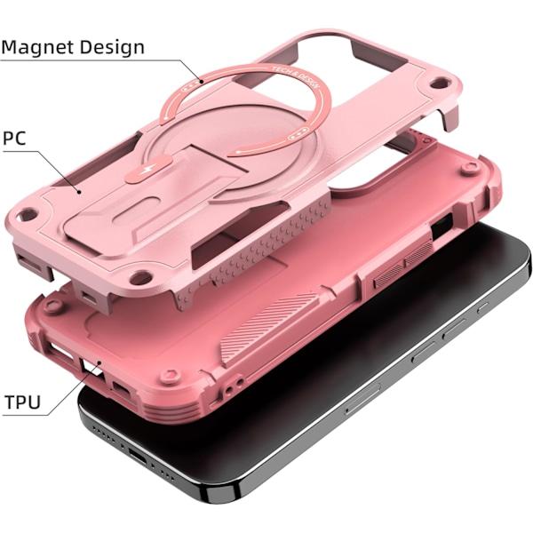 Magnetiskt iPhone-fodral med stativ, kompatibelt med MagSafe, robust inbyggt stativ, militärklassat fallskydd stötsäkert för iPhone Pink iPhone 15