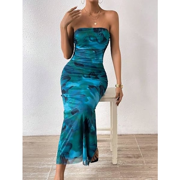 Sommerkjole til kvinder med print, stropløs tube top kjole, bodycon maxikjole med sideslids og lag af mesh M