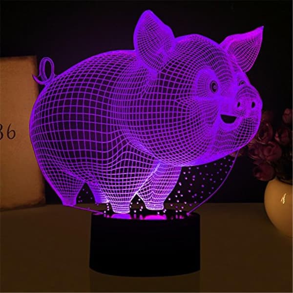 Nattlampe med gris, 3D-illusjon, berøring, 7 fargeskiftende seng