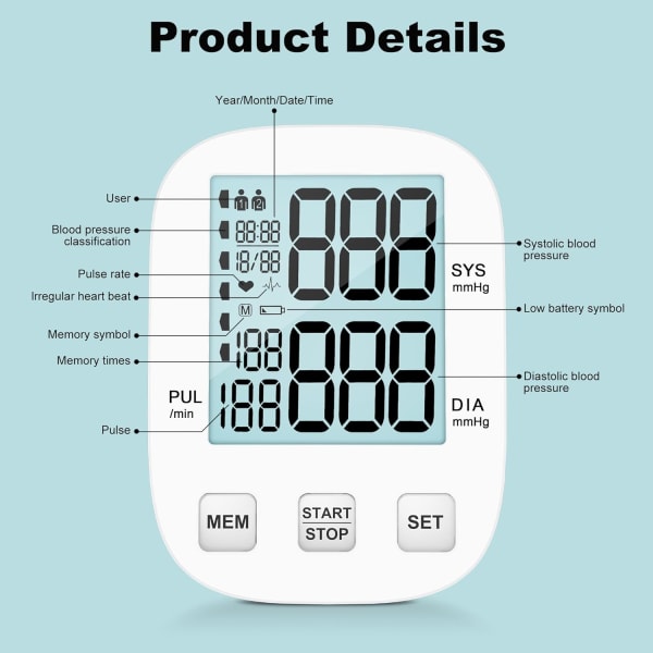 Blodtrycksmätare, automatisk överarmsblodtrycksmätare för hemmabruk, blodtrycksmätare med stor bakgrundsbelyst display, exakt justerbar