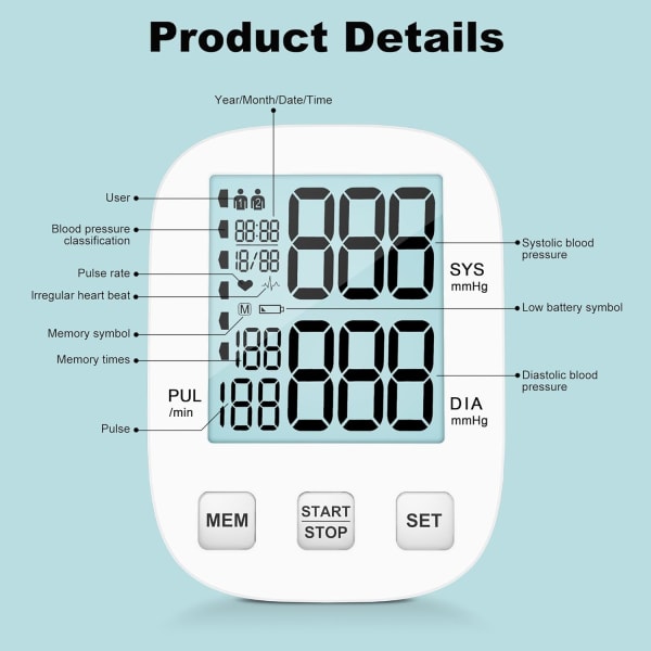 Blodtrykksmåler, automatisk blodtrykksmåler for overarm til hjemmebruk, blodtrykksapparat med stort bakgrunnsbelyst display, nøyaktig justerbar