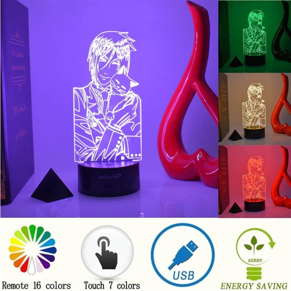LED Fargerik og Elegant Svart Butler 3D Akryl Nattelys Kreativ Anime Dekorgave Kule Sebastian Michaelis og Katt Manga Actionfigur