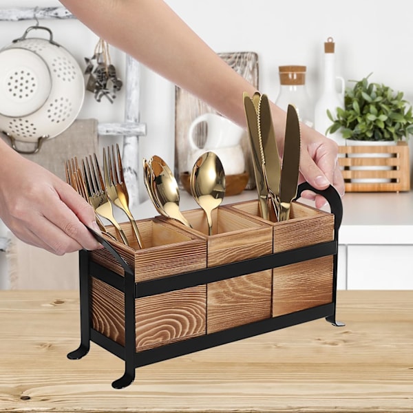 Puinen Tarvikekori, Maalaistalon Keittiön Hopea-astioiden Pidike 3 Lokerolla, Astioiden Järjestäjä Mustalla Kannettavalla Metallilokerolla, Tarvikkeiden Järjestäjä Wood