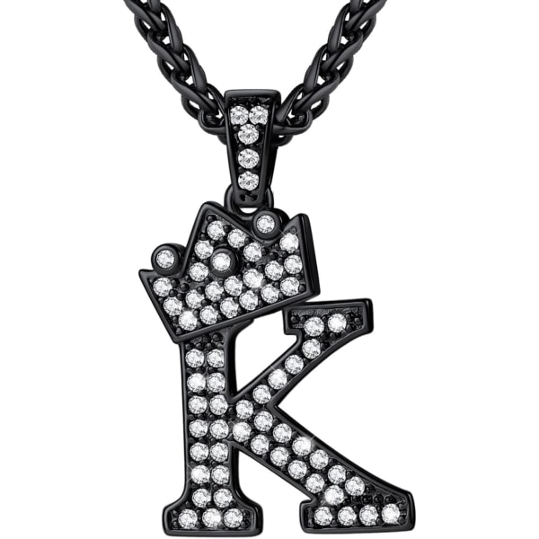 Krona Initial A-Z Halsband, Iced Out Letter Hänge med 22-24 Tums Kedja, Män Kvinnor Bling Hip Hop Alfabet Namn Smycken Present Stora Initialer Halsband K Black