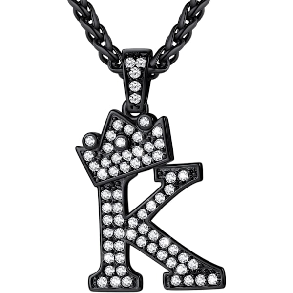 Krone Initial A-Z Halskæde, Iced Out Bogstav Vedhæng med 22-24 Tommer Kæde, Mænd Kvinder Bling Hip Hop Alfabet Navn Smykker Gave Store Initialer Halskæder K Black