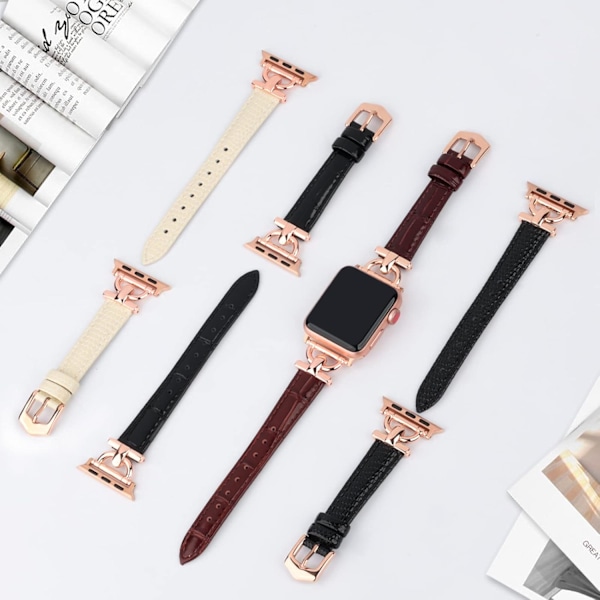 Nahkaranneke yhteensopiva Apple Watch -rannekkeiden kanssa naisille, tyylikäs hieno ranneke iWatch Series 10/9/8/7/6/5/4:lle (38mm 40mm 41mm 42mm se Black/Rose Gold 38/40/41/42(10代）mm