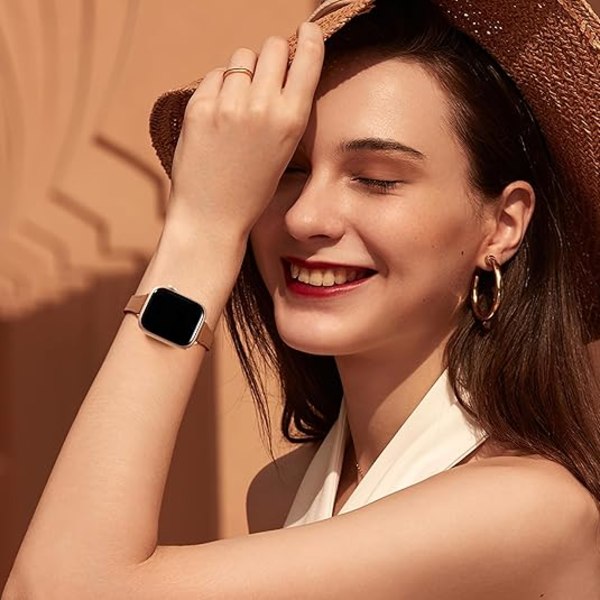 Smal Läderarmband Kompatibelt med Apple Watch Armband 40mm 38mm 41mm 42mm 44mm 45mm 46mm Kvinnor, Äkta Läderrem Tunn Brown 42/44/45/49mm