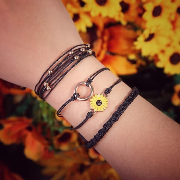 Solrossträngarmband Handgjort Flätad Rep Charm Boho Surfer Armband för Kvinnor Black