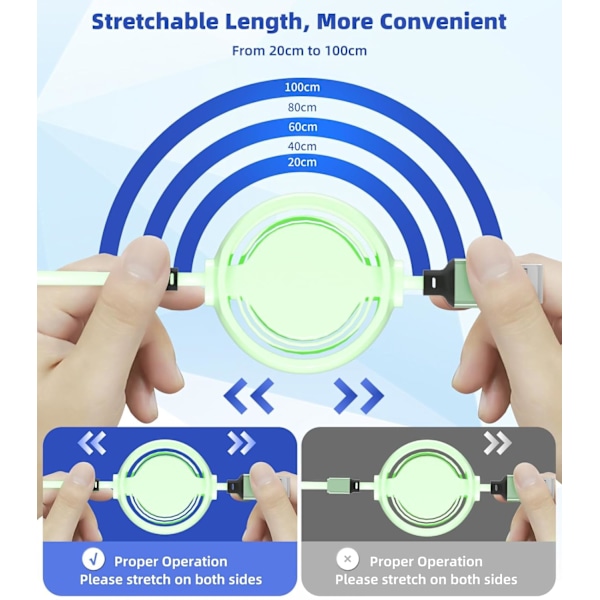 3-i-1 Retraktil Laddningskabel [3A, 1m] Multi USB-kabel Snabbladdare för Telefon, Samsung, iPad, Surfplattor, Switch och Mer Green