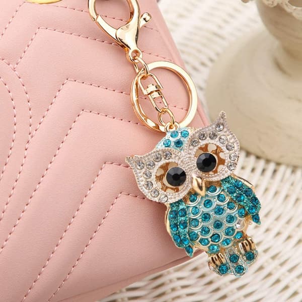 Mode Rhinestones Ugle Nøglering, Guldglitrende Legering Nøglering Blue