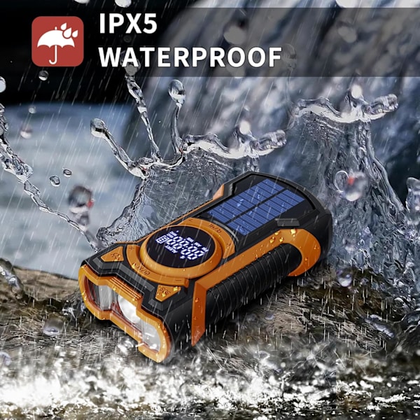 Nødvejrradio, Vandafvisende Bluetooth Bærbar AM/FM/NOAA Vejrradio, 5000mAh USB Håndsving Solradio, Telefonoplader, Lommelygte, SOS Orange