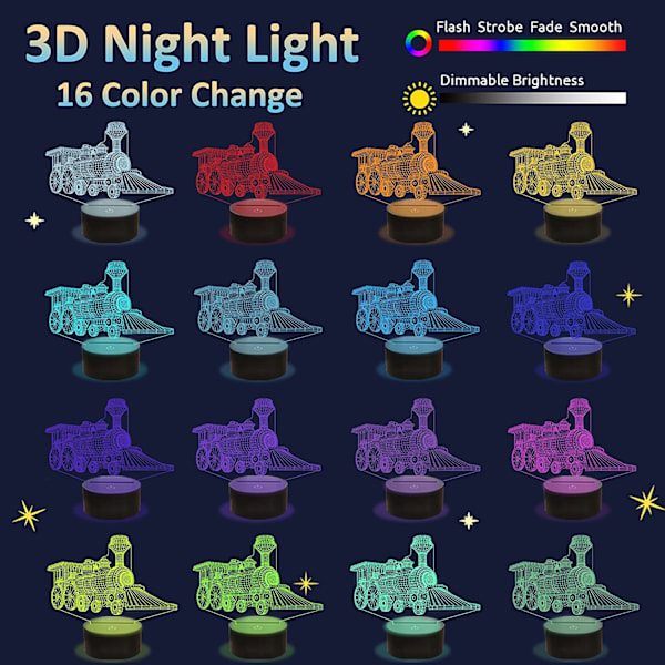 Tog 3D Gave Lampe, Attivolife Illusion Hologram Natlampe med Timer Fjernbetjening 16 Farver Skiftende