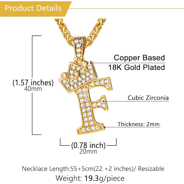 Krone Initial A-Z Halskæde, Iced Out Bogstav Vedhæng med 22-24 Tommer Kæde, Mænd Kvinder Bling Hip Hop Alfabet Navn Smykker Gave Store Initialer Halskæder F 18K Gold