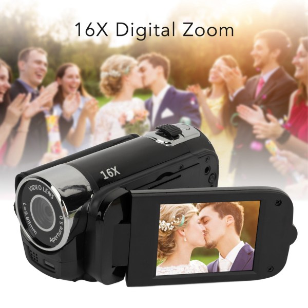 D90 1080P 16MP Digitalkamera 2,4 tommers roterbar skjerm videokamera 16X zoom HD videoopptaker med fylllys Black