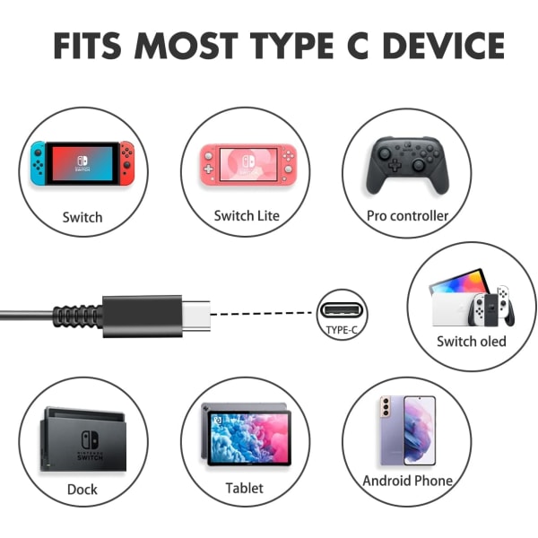 Laddare för Nintendo Switch och Switch Lite och Switch OLED, stödjer Nintendo Switch TV Dock-läge AC-strömadapter, typ C-laddningskabel för S