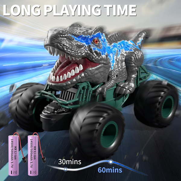 2,4 GHz Dinosaur Fjernkontrollbil Leker for Barn Gutter, RC Dinosaur Bil Leker med Lys, Lyd, Spray, Innendørs Utendørs RC Bil Leker Gaver for Gutter