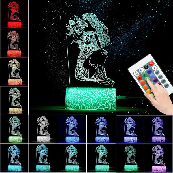 Havfrue 3D Illusjonslampe, LED Nattlys Bursdagsgave til G
