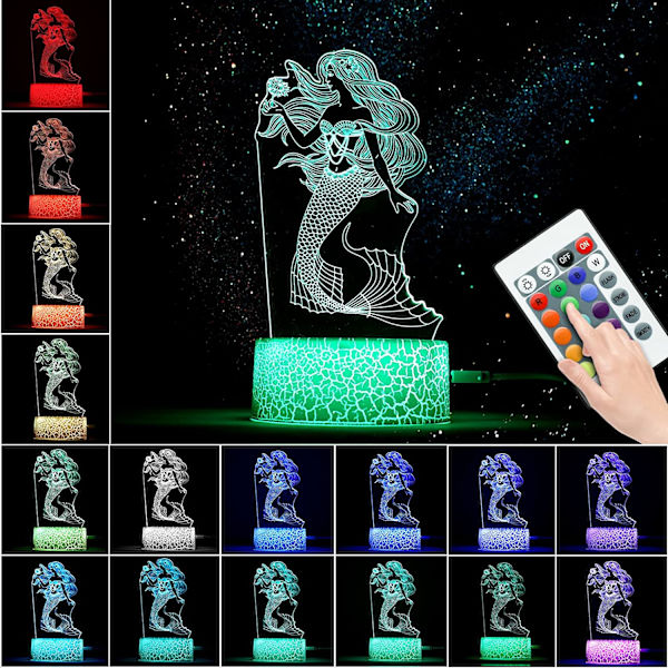 Mermaid 3D Illusion Lamp, LED nattlampa födelsedagspresent för G
