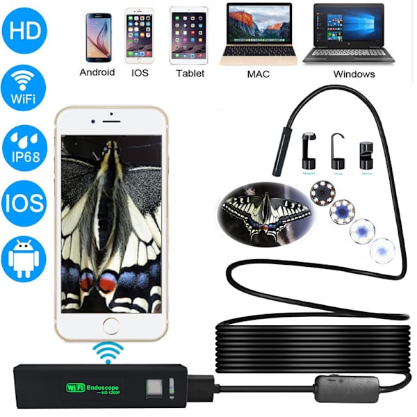 Nær fokus 1200P ultra-klar endoskop Apple Android IOS wifi mobiltelefon endoskop 8mm trådløs endoskop (7m)