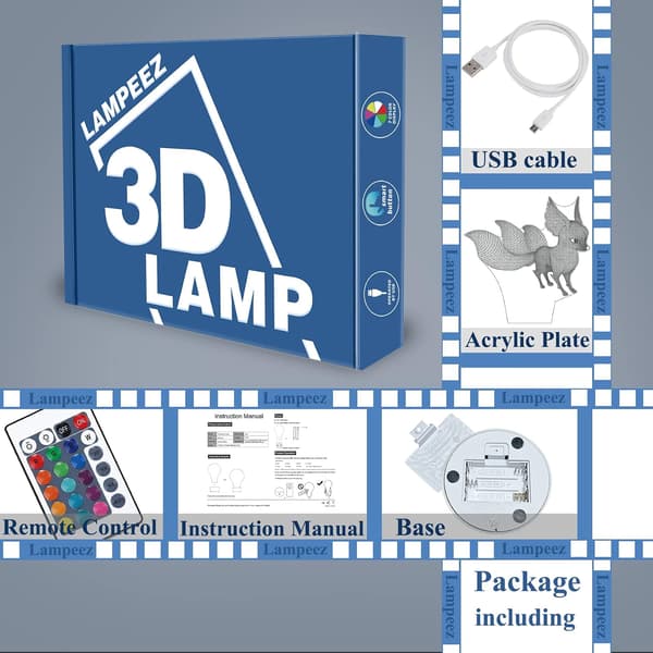 Fox 3D Lampe Natlys 3D Illusionslampe til Børn, 16 Farver