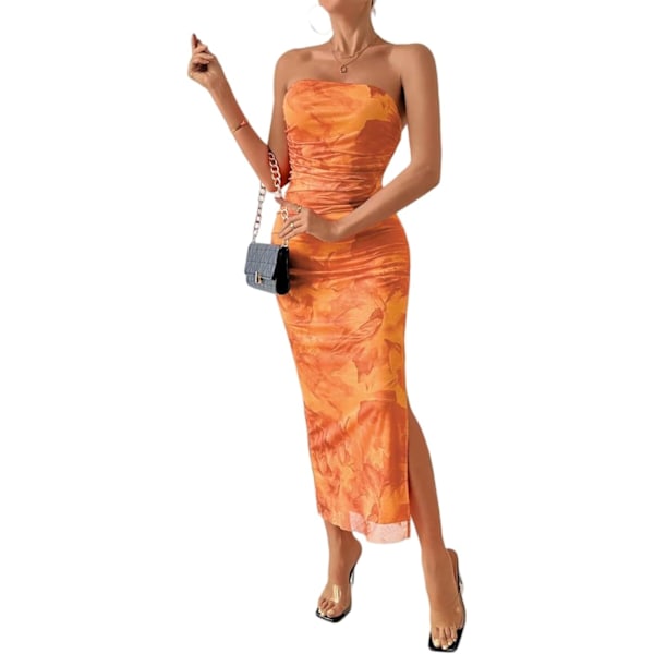 Sommerkjole til kvinder med print, stropløs tube top kjole, bodycon maxikjole med sideslids og lag af mesh S