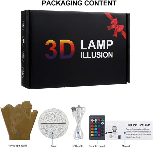 3D Dinosaur Optisk Illusjon Nattlys 16 LED Farge Changi