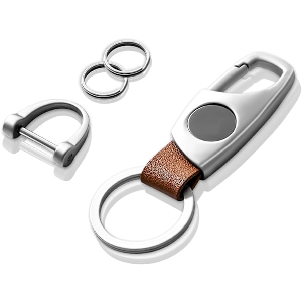 Karabinhage nøglering, nøgleringe til bilnøgle med 2 nøgleringe og anti-tabt D-ring, multifunktionelle nøgleringe til mænd og kvinder-sølv (brunt læder) Silver Brown Leather