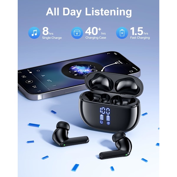 Langattomat nappikuulokkeet Bluetooth-kuulokkeet, 40 tunnin toistoaika Stereo IPX5 vedenpitävät nappikuulokkeet, LED-virranäyttö Langattomat nappikuulokkeet mikrofonilla Black