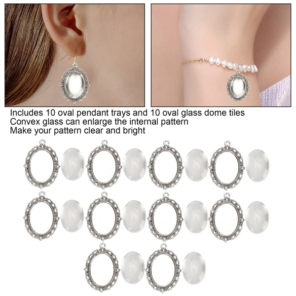 10 sæt Glas Patch Pendant Ovale bakker Glas Cabochon Clear Dome Fliser DIY smykker tilbehør