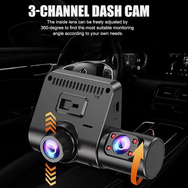 3-kanals dashcam 1080P trevejs tredobbelt bilkamera nattesyn loop-optagelse køreoptager