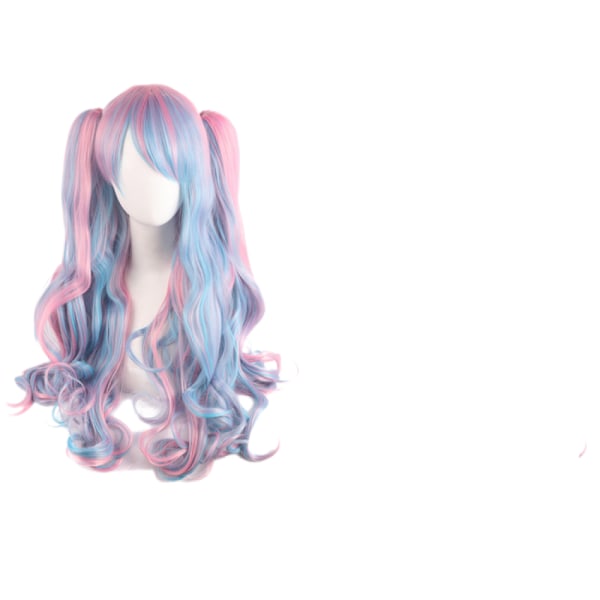 Lolita Langt Krøllet Clip på Hestehale Cosplay Parykk, Dobbel Hestehale Tiger Clip Lang Krøllet Parykk (Rosa/Blå/Blond)