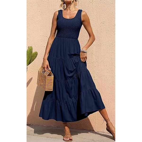 Dame 2025 Casual Løs Ensfarget Maxi Sommerkjole Smock Tank Kjole Ermeløs Sommer Strand Lagdelt Lange Kjoler L
