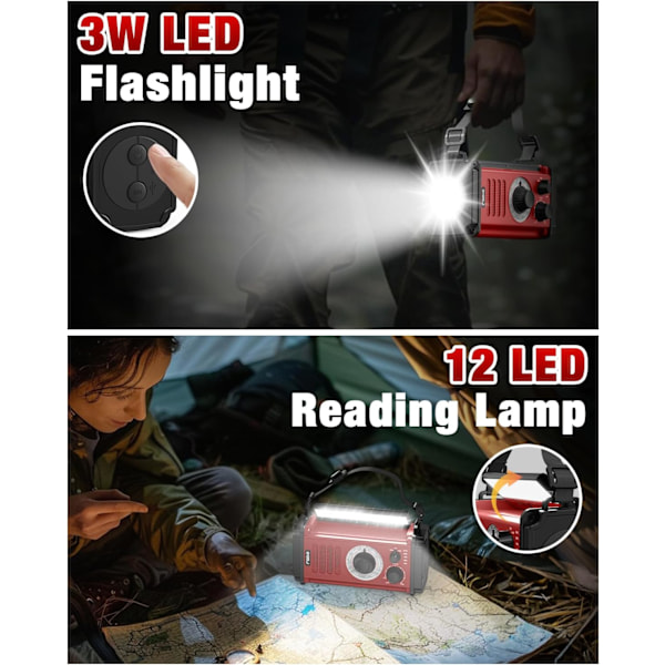 Nödradio, Solradio, 37000mWh Handvevradio, NOAA AM FM Väderradio, 5 Laddningsmetoder, Polymerbatteri, Ficklampa & Läslampa, SOS-Alarm Red
