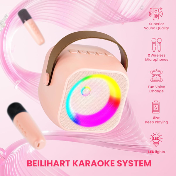 Mini Karaoke-laite, kannettava Bluetooth-karaokekaiutin 2 langattomalla mikrofonilla ja juhlavaloilla lapsille ja aikuisille, syntymäpäivä Pink