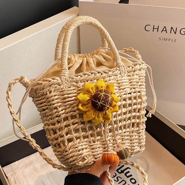 Lille halmbøtte tasker til kvinder sommer crossbody tasker dame rejse pung og håndtasker kvindelige skulder messenger taske White sunflower