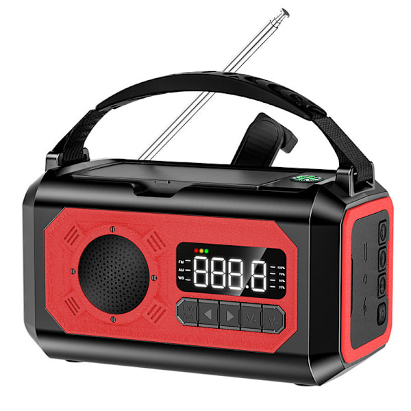12000mAh Käsikäyttöinen Hätäradio, AM/FM/NOAA, Monitoiminen Aurinkoenergialla Toimiva Radio, 2 Aurinkopaneelia, USB-Lataus, Taskulamppu & LED-Lukuvalo, SOS-Hälytin Red