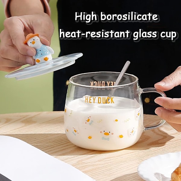 Høy borosilikat varmebestandig glasskrus, søt andekopp, klar kopp med lokk og skje, 520 ml stor kapasitet drikkebeger Blue