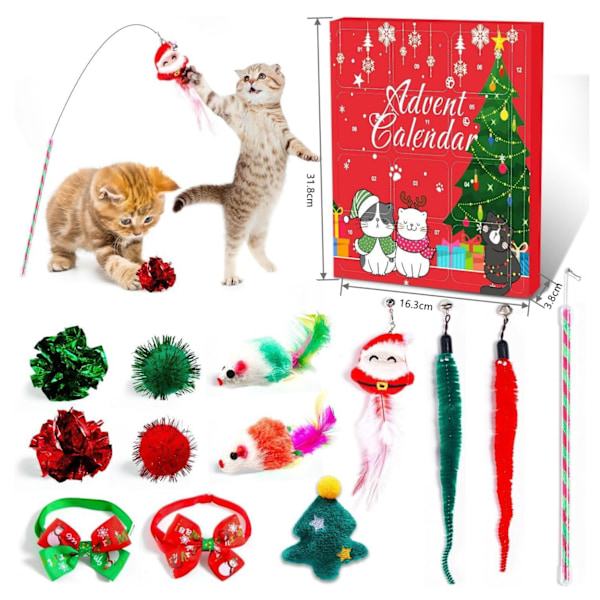Katt-Adventskalender 2024, 24 Dagar Julnedräkning med Olika Interaktiva Katt Leksaker för Kattungar Katter Husdjur Överraskning Julgåvor för Katt