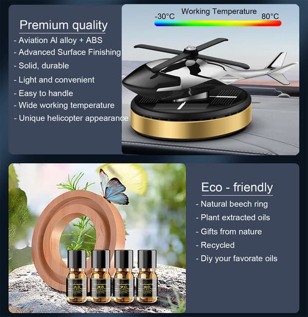 Bilduftfrisker - Helikopter Solar Roterende Aromaterapi Diffuser, Bil- og Hjemmeindretningstilbehør, til Bil/Hjem Duft Gold