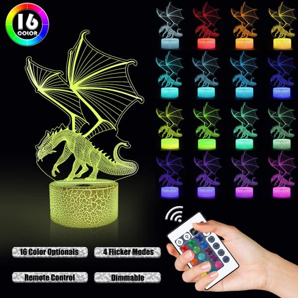 3D Lampe Drage Natlys 3D Illusion lampe til Børn, 16 Farver