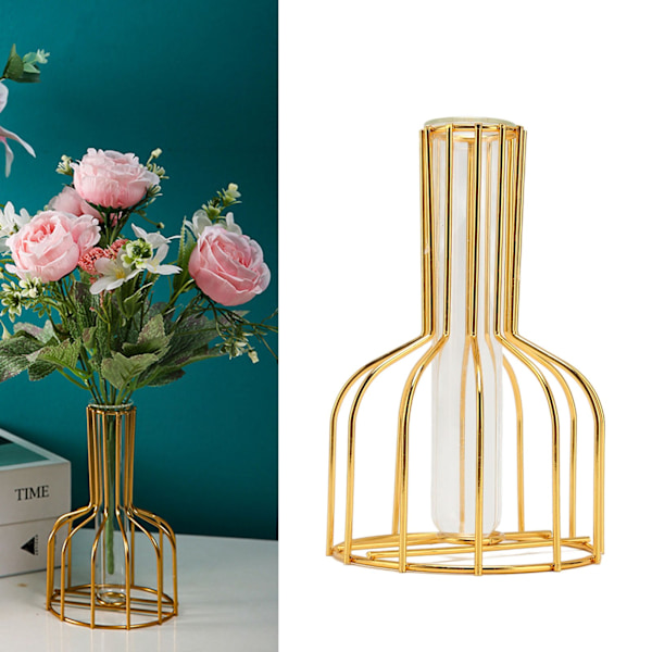 Metallblomvas ihålig modern elegant gyllene separat design klar glasblomvas prydnad för hemmet