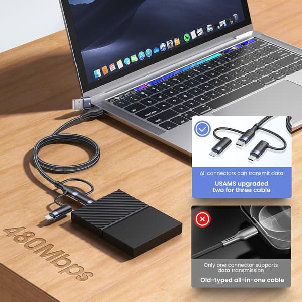 PD 60W USB-C Multi Rask Laddekabel Nylonflettet Kabel 5-i-1 3A USB/C til Type C/Micro/Telefon Rask Synkronisering Laderadapter 1,2 meter Black