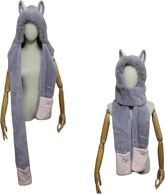 Hette skjerf for kvinner Vinter varm kunstig pels skjerf hatt hansker combo med søt rev øre Grey