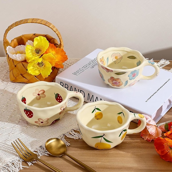 Keramisk Kaffekrus, Sød Blomster- og Frugtkop, Par Krus 250 ml til Latte Te Mælk, Velegnet til Mor på Mors Dag Cream Yellow