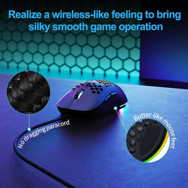 Falcon M1SE Ultralett Honeycomb Gaming-mus, høypresisjon 12800DPI optisk sensor, 6 programmerbare knapper, RGB-belysning, No Drag-ledning, med ledning black